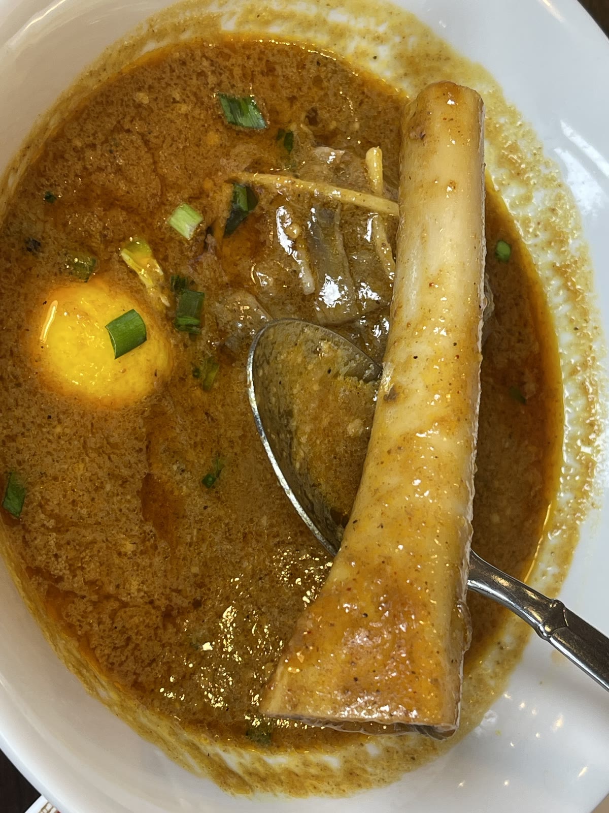 ニハリのスープからそびえ立つ大きな骨付き肉。表面にスパイスがまとわりつき、スプーンが添えられている