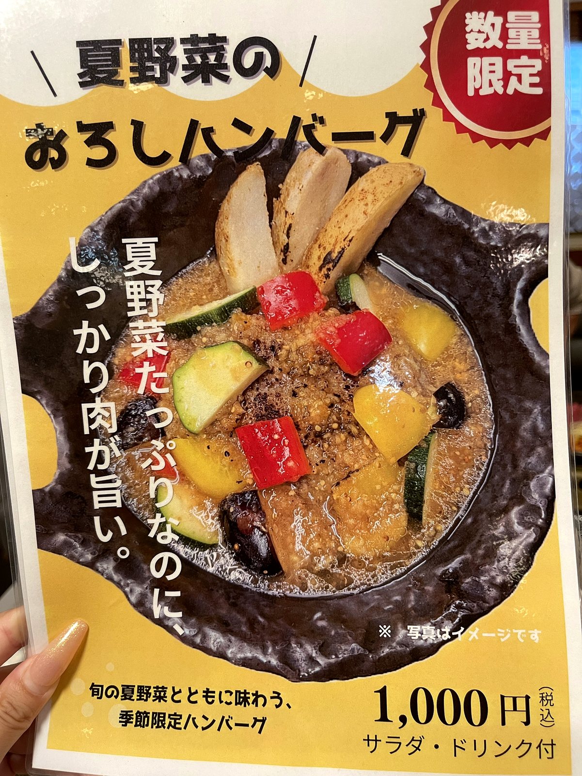 夏野菜のおろしハンバーグの案内。1,000円