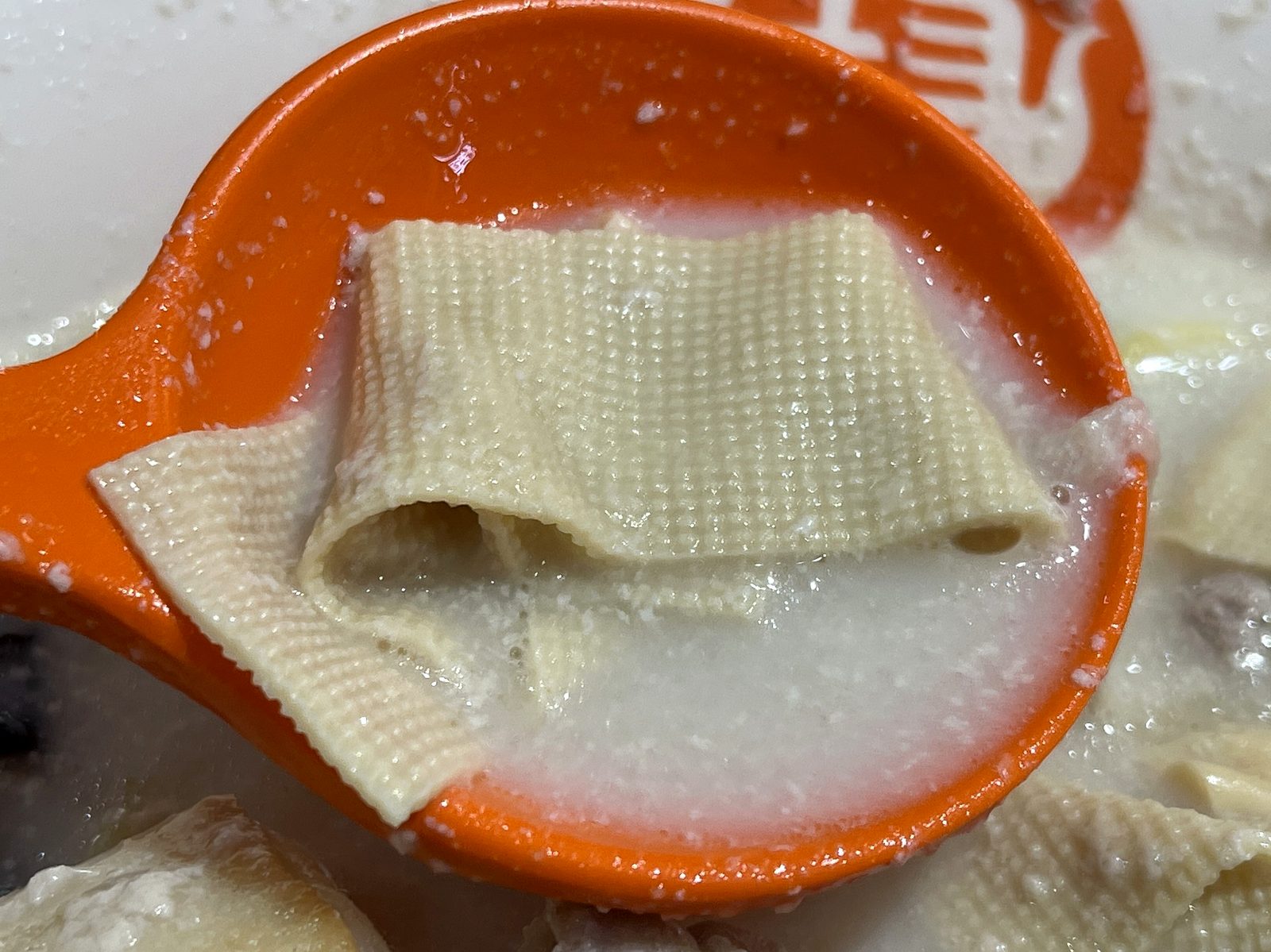 レンゲに乗せた干豆腐。表面に細かい格子模様がある薄いお豆腐のシート