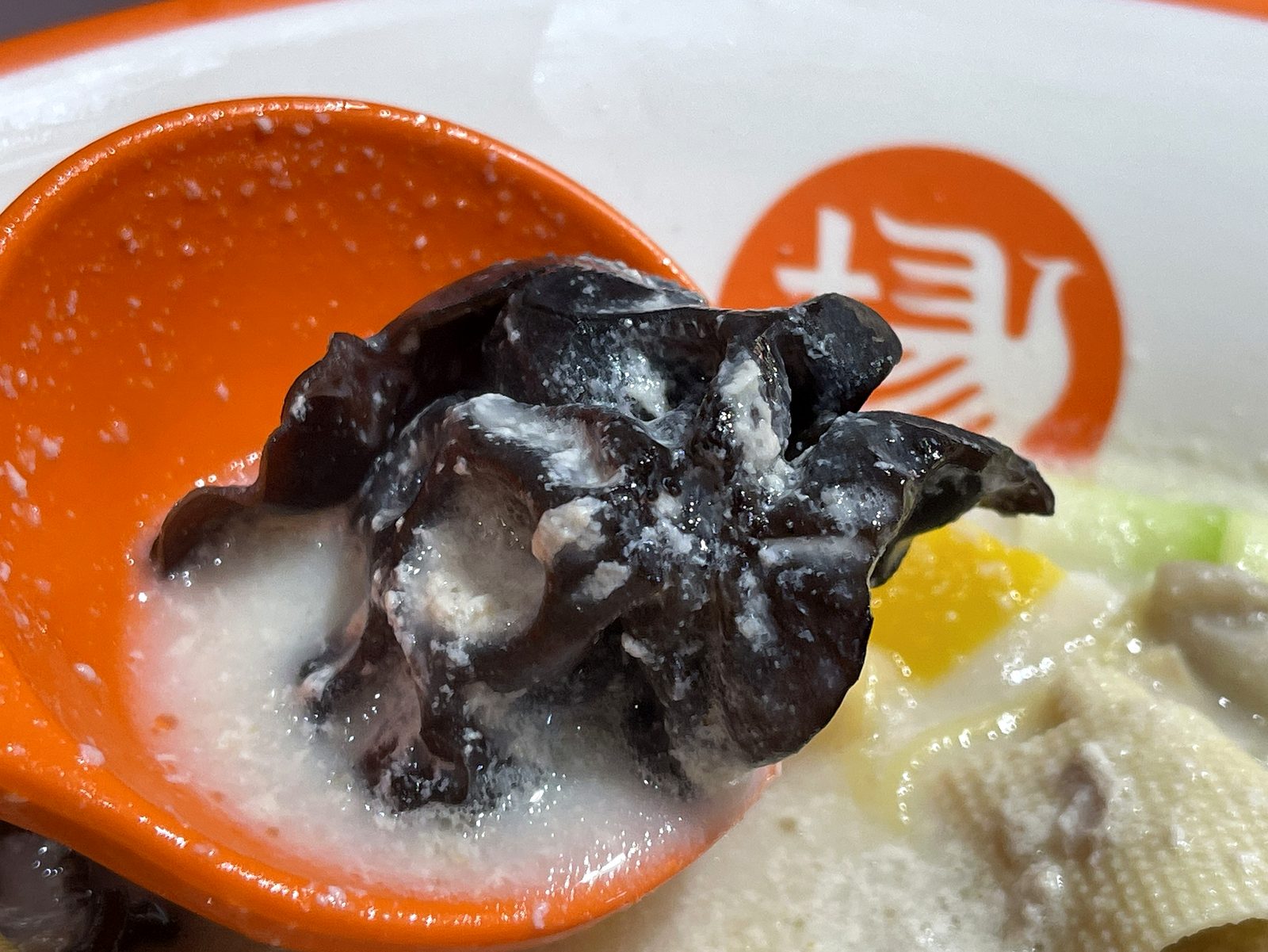 レンゲに乗せた黒いキクラゲのクローズアップ