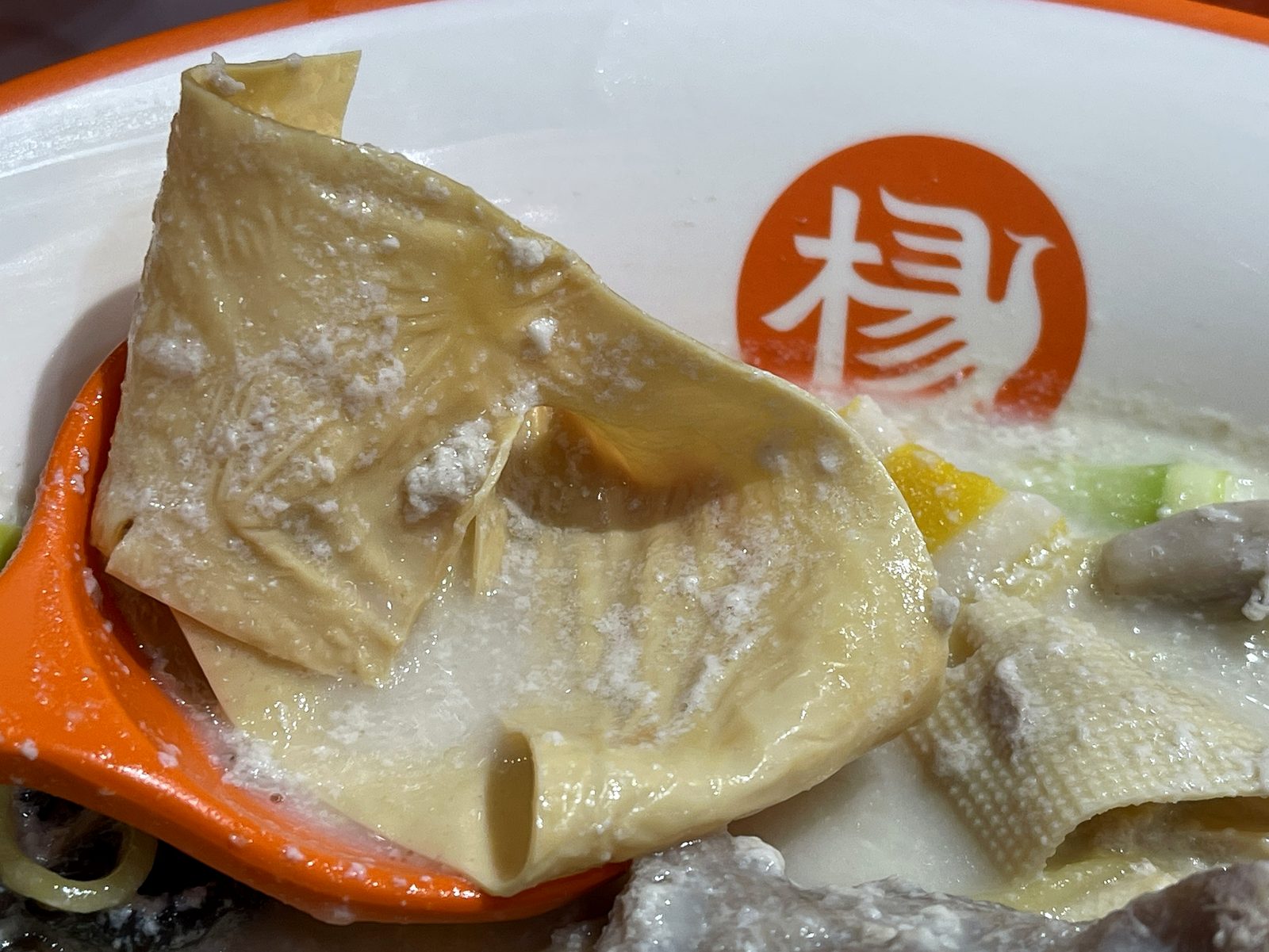 レンゲに乗せた豆腐皮。湯葉に似た薄くて柔らかい一枚