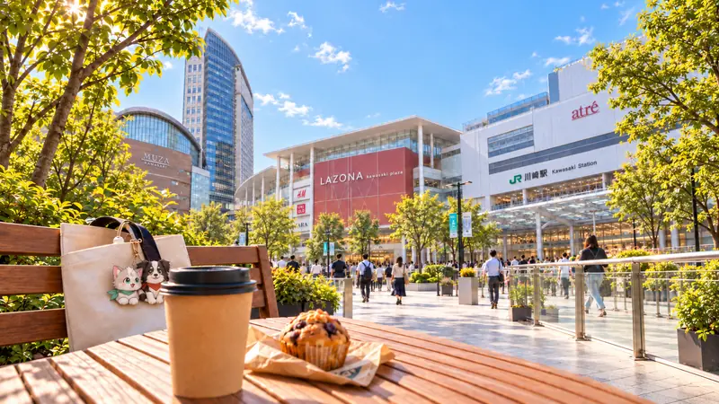 川崎駅前の街並みとカフェテーブル、ちょぴとログのマスコット