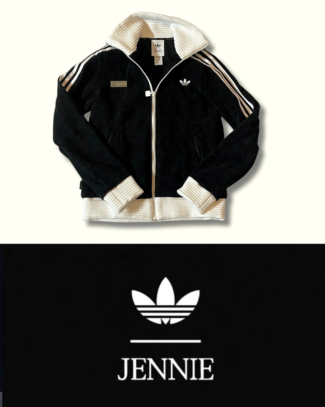 adidas Originals by JENNIE ファン OG トラックトップ ブラックの全体。白リブの襟と3ストライプ
