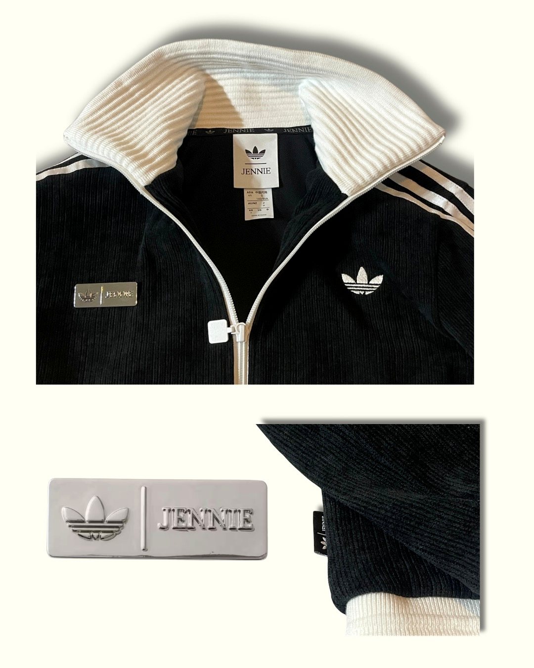 ファン OG トラックトップの襟・胸元の adidas×JENNIE メタルピン・コラボタグのディテール