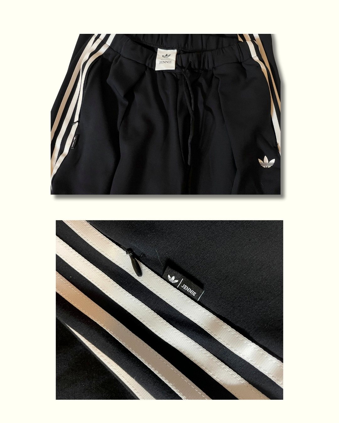 プリーツ トラックパンツのウエストの adidas×JENNIE ロゴ・タグ・サイドプリーツのディテール