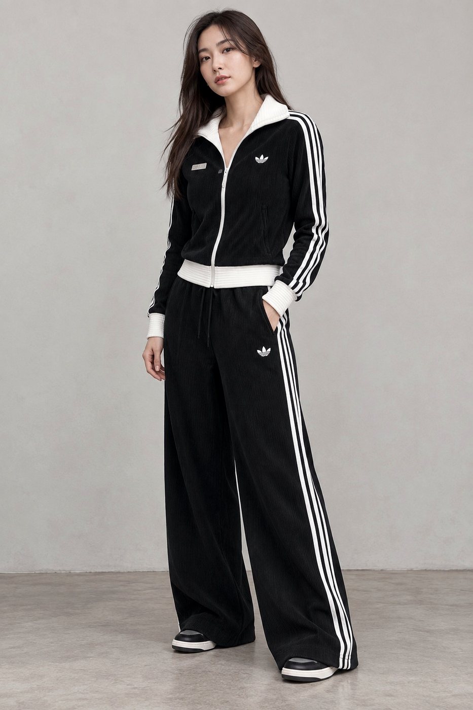 adidas Originals by JENNIE のトラックトップとプリーツトラックパンツを上下オールブラックで着た正面コーデ