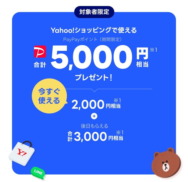 対象者限定でYahoo!ショッピングで使えるPayPayポイント（期間限定）合計5,000円相当プレゼントの公式バナー