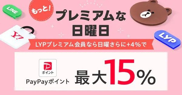 プレミアムな日曜日にLYPプレミアム会員は日曜さらに+4％でPayPayポイント最大15％の公式バナー